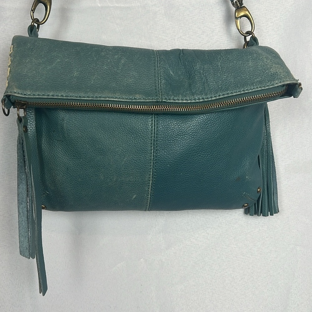 Lucky Brand Teal Leather Foldover Crossbody Hobo Bag Boho Fringe Distressed - Picture 2 of 15